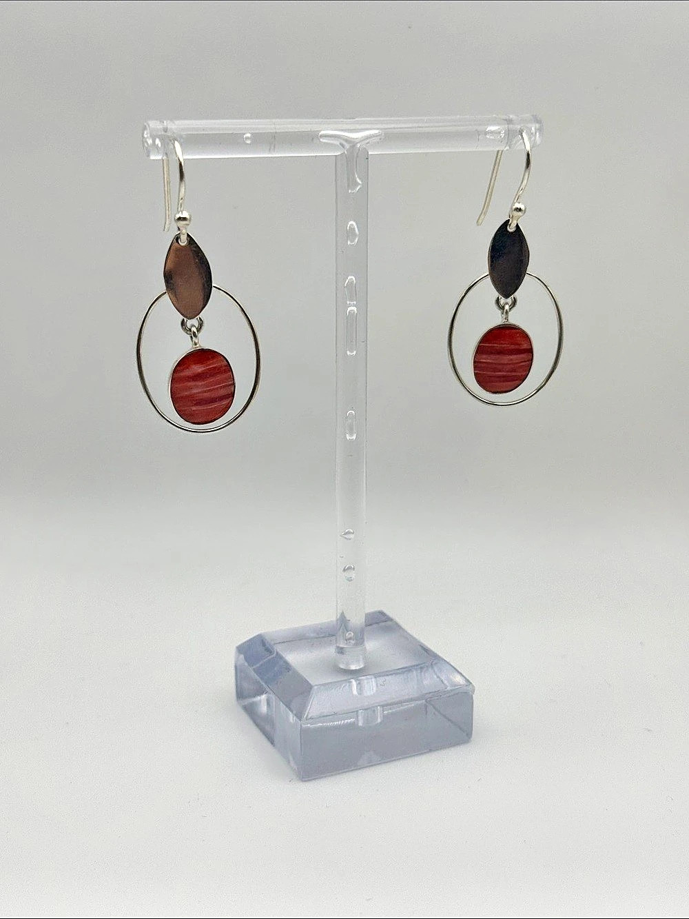 950 Silver Red Oval Coral Drop Earrings Like New